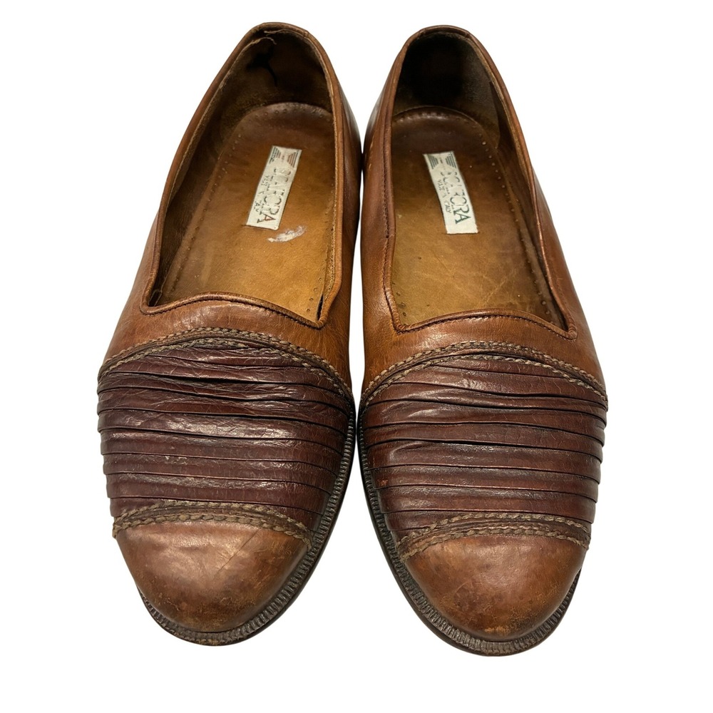Scafora Pleated Leather Slip On Loafers Mens 7.5D Brown Formal Dress Shoes Italy